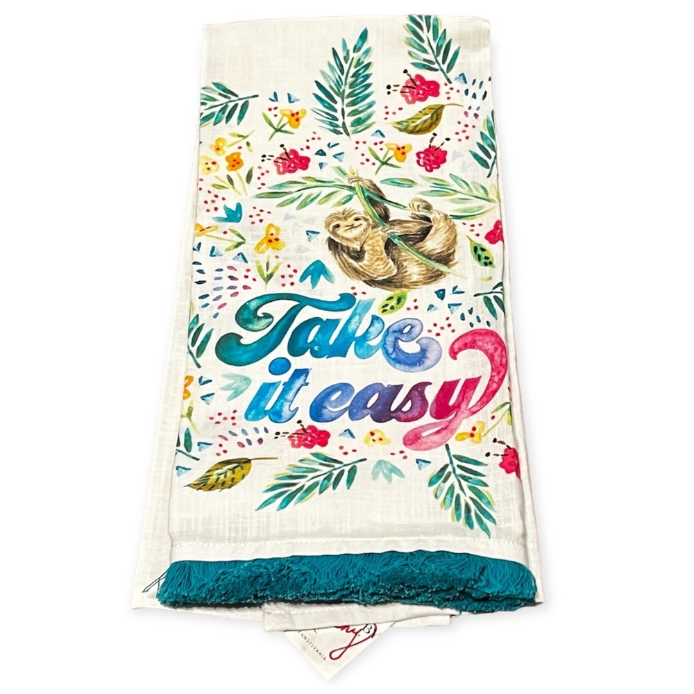 NEW Take It Easy Sloth Cotton Fringe Colorful Dish Towel Boho Cute Kawaii Rustic